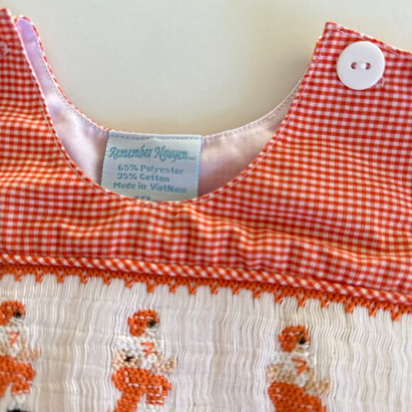 Remember Nguyen Orange Gingham Check Smocked Football Shortall -12M - Picture 3 of 6